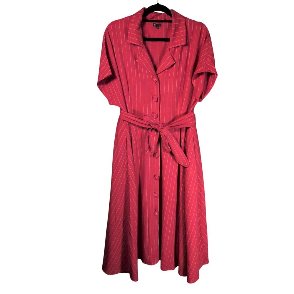 J. Peterman Linen Blend Striped Button Down Red Dress Collared Short Sleeves 18